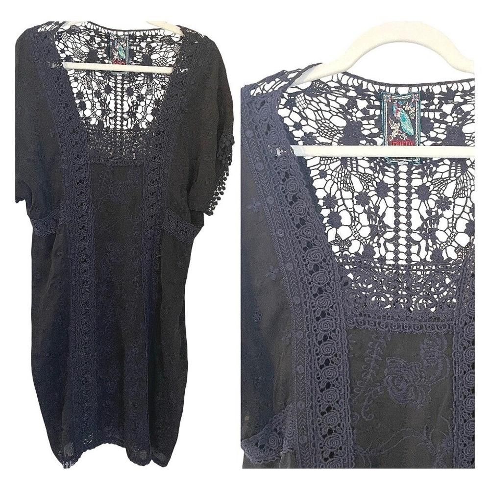 Johnny Was Size L Black Embroidered Crochet Lace Dress Swimcover